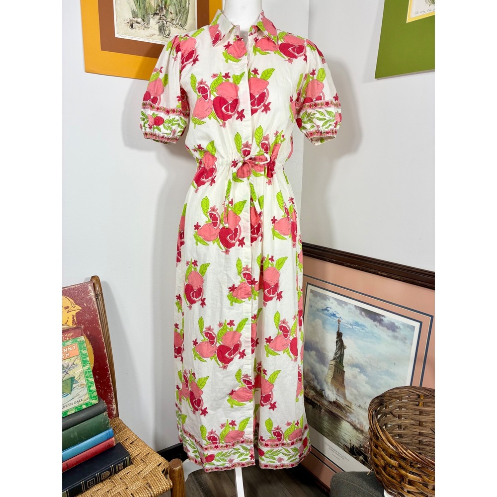 Victoria Dunn Maxi Dress Womens S White Pink Fruit Print Excellent Puff Sleeve